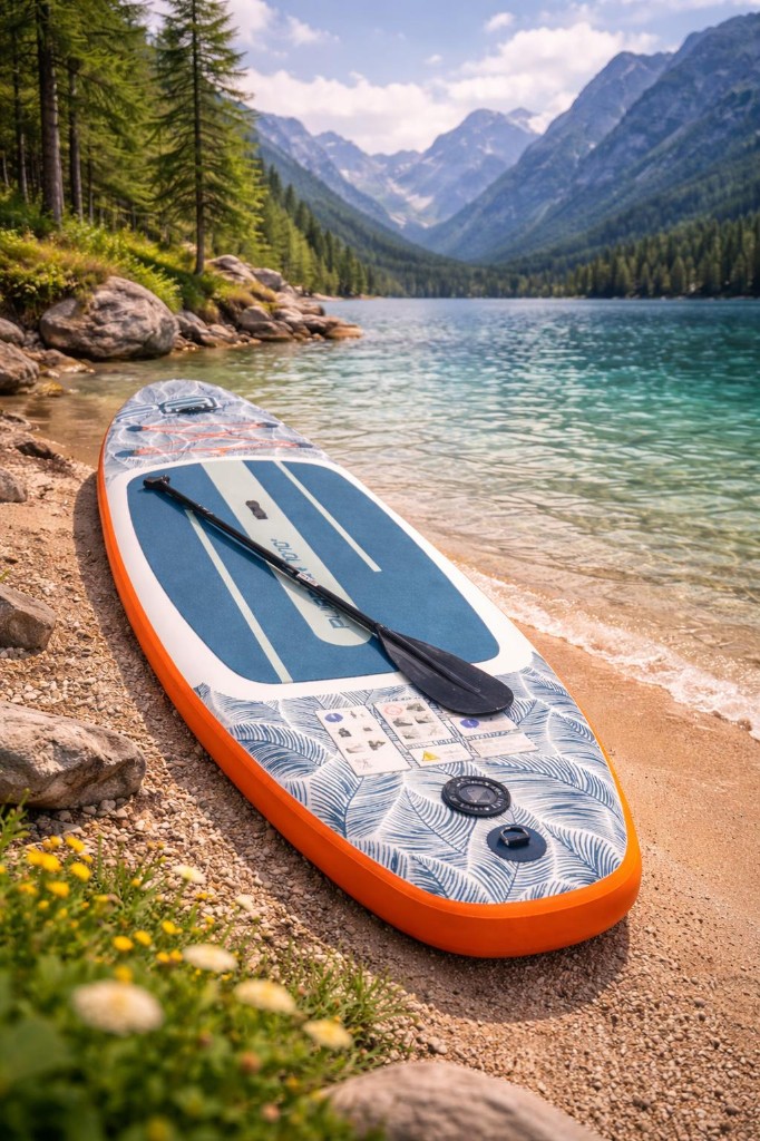 SUP board on a pebble shore by turquoise mountain lake water